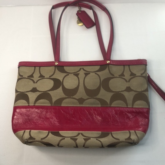 Coach Khaki Signature Stripe Patent Shoulder Tote Red Bag Handbag 12429 - Picture 4 of 16